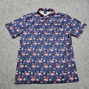 Golf Gods Flamingo Cool Tech Performance Golf Polo Shirt Navy Blue Mens Sz L EUC